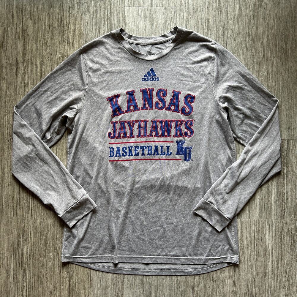 Adidas Gray Kansas Jayhawks Basketball Crewneck Long Sleeve T-Shirt Size Large